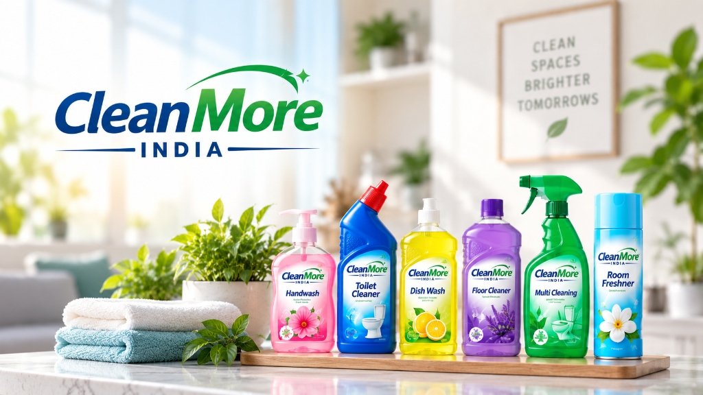 CleanMore India Complete Product Lineup - Handwash, Toilet Cleaner, Dishwash, Floor Cleaner, Multi Cleaner, Room Freshener