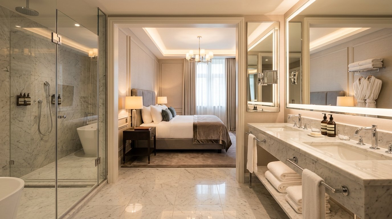 Sparkling clean luxury hotel bathroom suite
